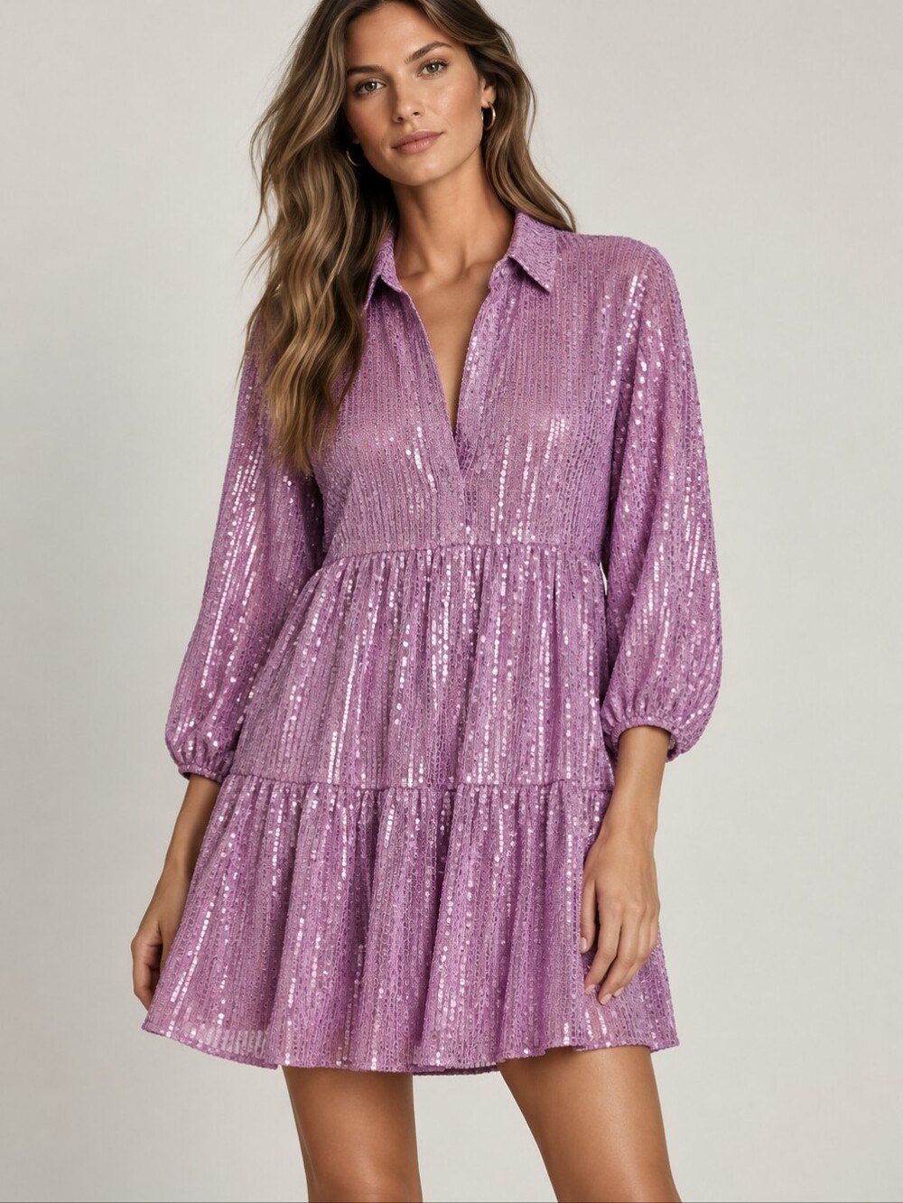 NWT MAEVE X ANTHRO Bettina Sequins Tiered Mini Shirtdress Orchid Pink Purple 1X